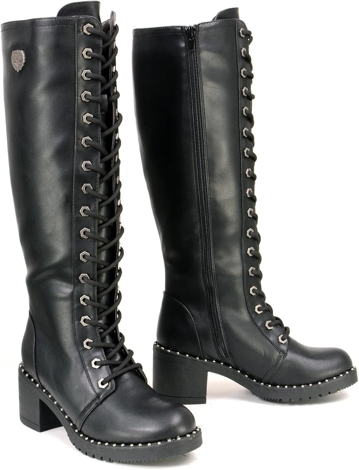 Milwaukee Leather MBL9442 Women's Black Lace-Up Tall Biker Fashion Boots with Platform Heel & Studs