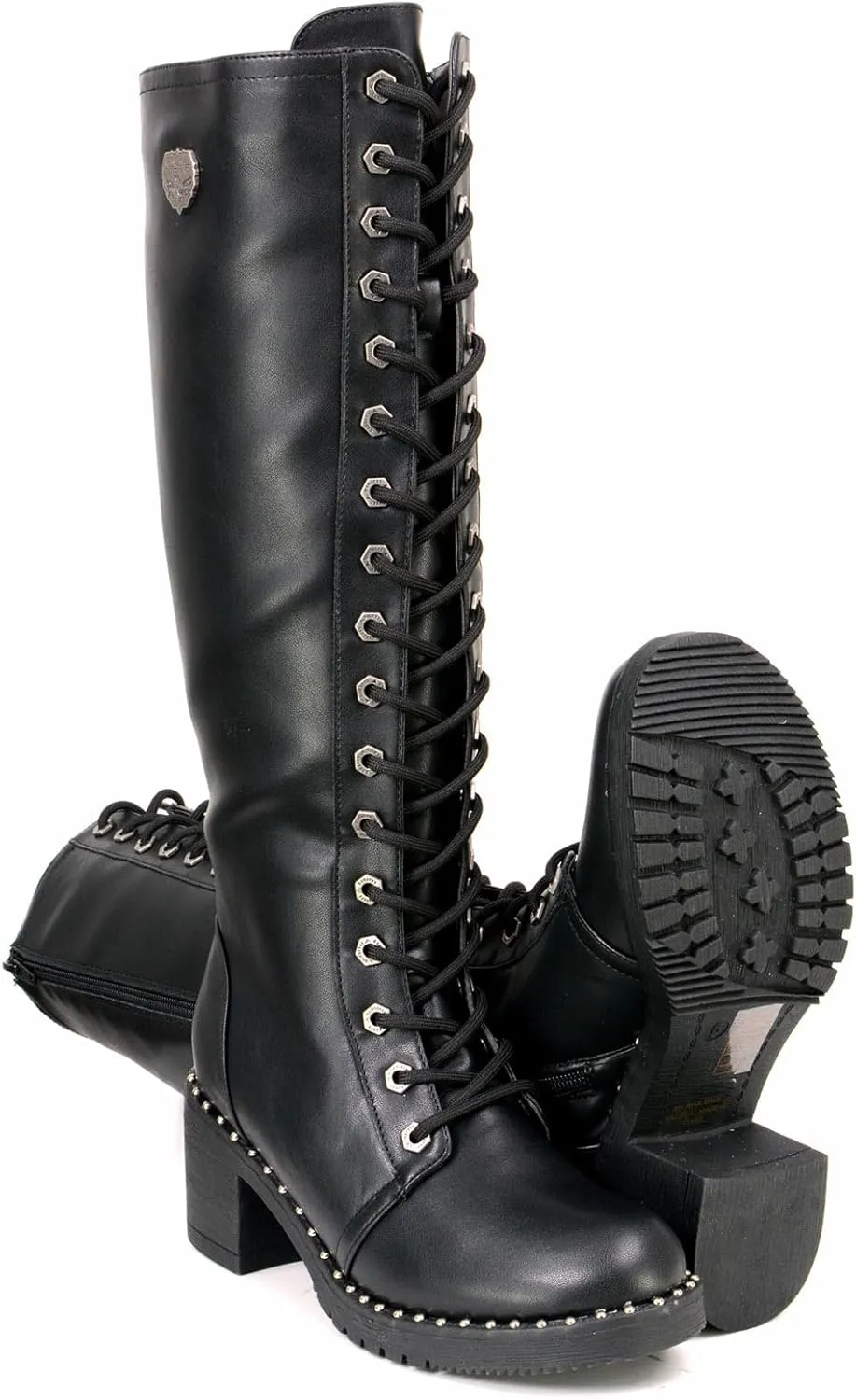 Milwaukee Leather MBL9442 Women's Black Lace-Up Tall Biker Fashion Boots with Platform Heel & Studs