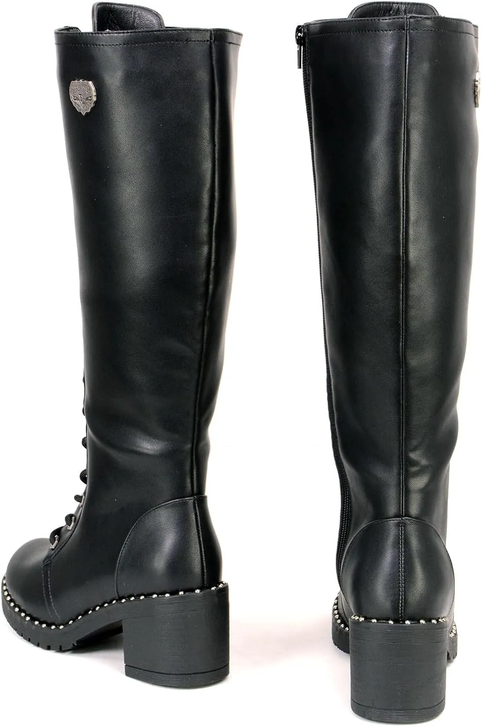 Milwaukee Leather MBL9442 Women's Black Lace-Up Tall Biker Fashion Boots with Platform Heel & Studs