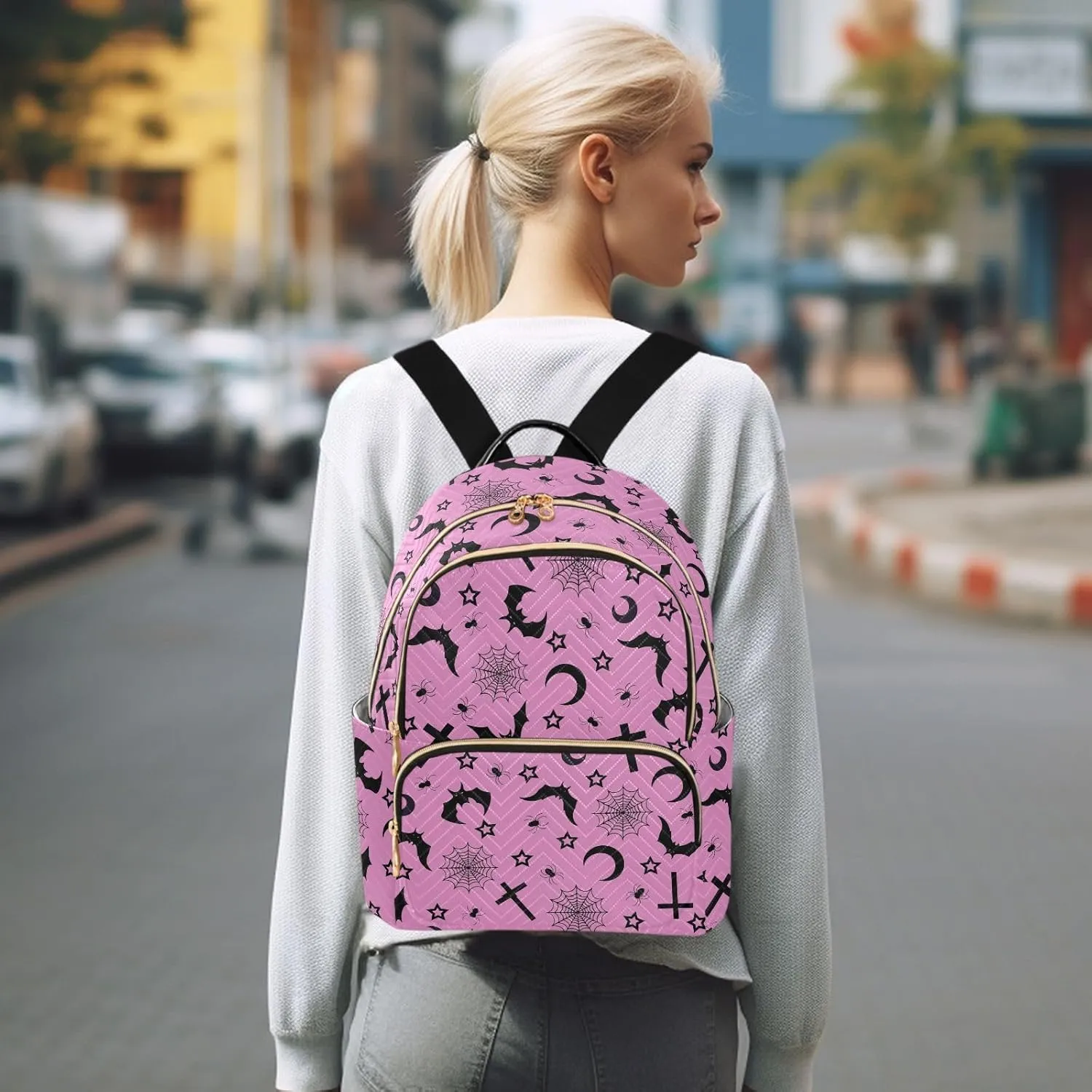 Mini Backpack Bats Crosses Stars Gothic Fashion Backpack Purse for Women,Handbag Shoulder Bag Casual Daypack, Ladies Gift for College Work (S)