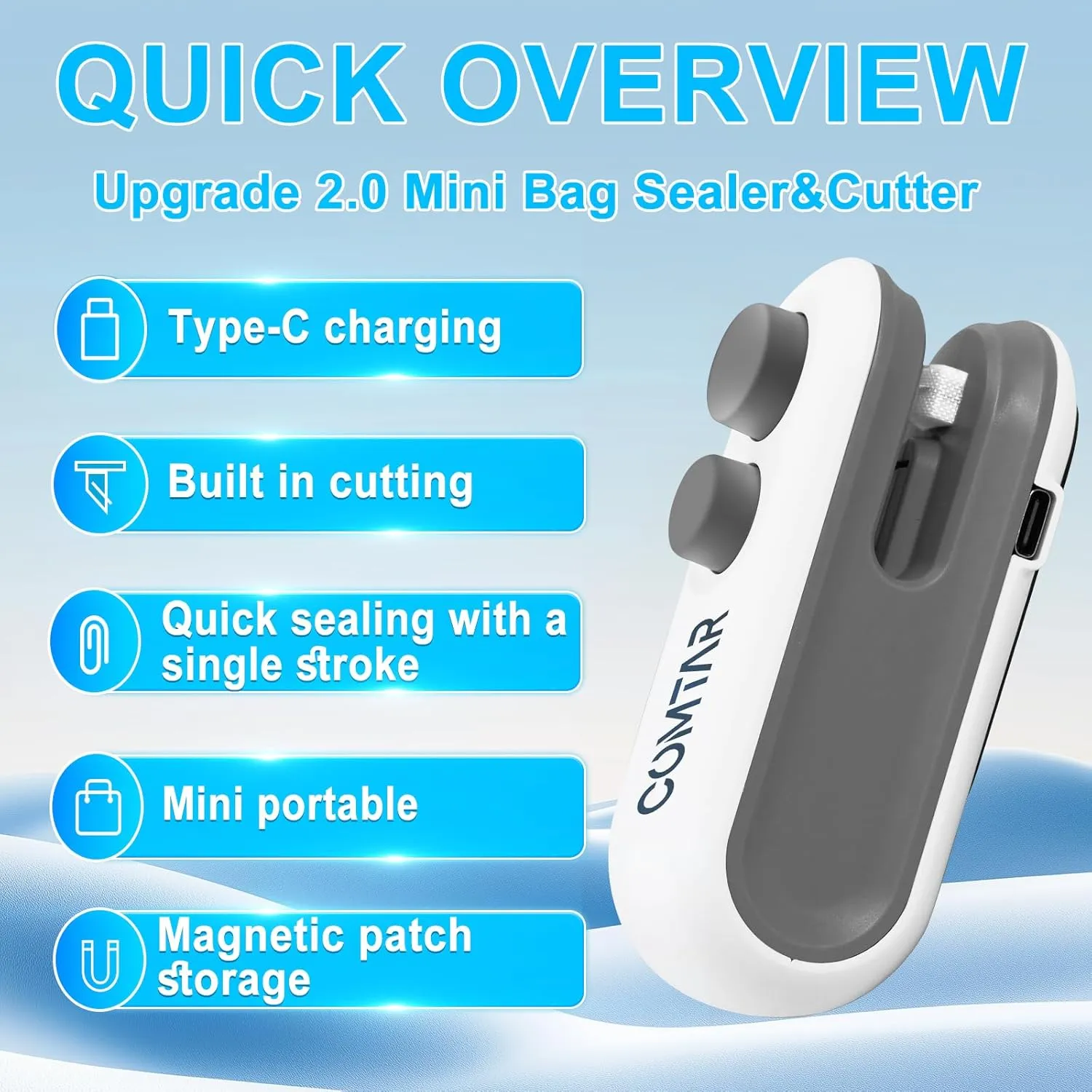 Mini Bag Sealer - 2 IN 1 USB C Rechargeable Chip Bag Sealer Heat Seal Tool - Portable Handheld Vacuum Food Sealer Home & kitchen Bag Sealing Machine for Snacks Chips Freshness