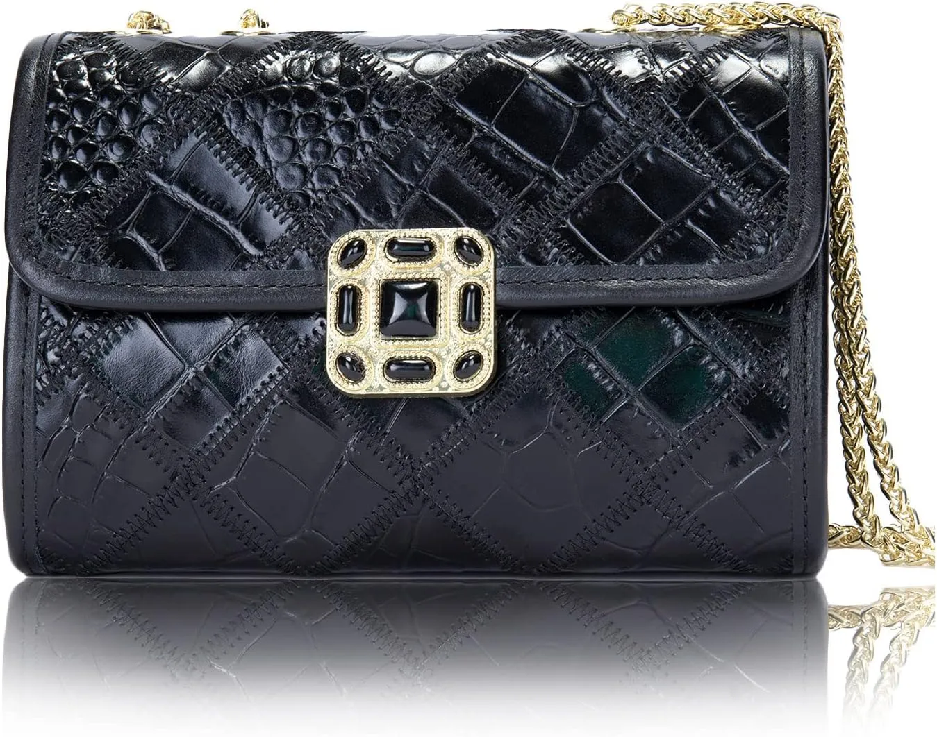 Mini Crossbody Bag for Women, Genuine Leather Shoulder Purse with Patchwork Design, Ladies Handbag with Chain Strap