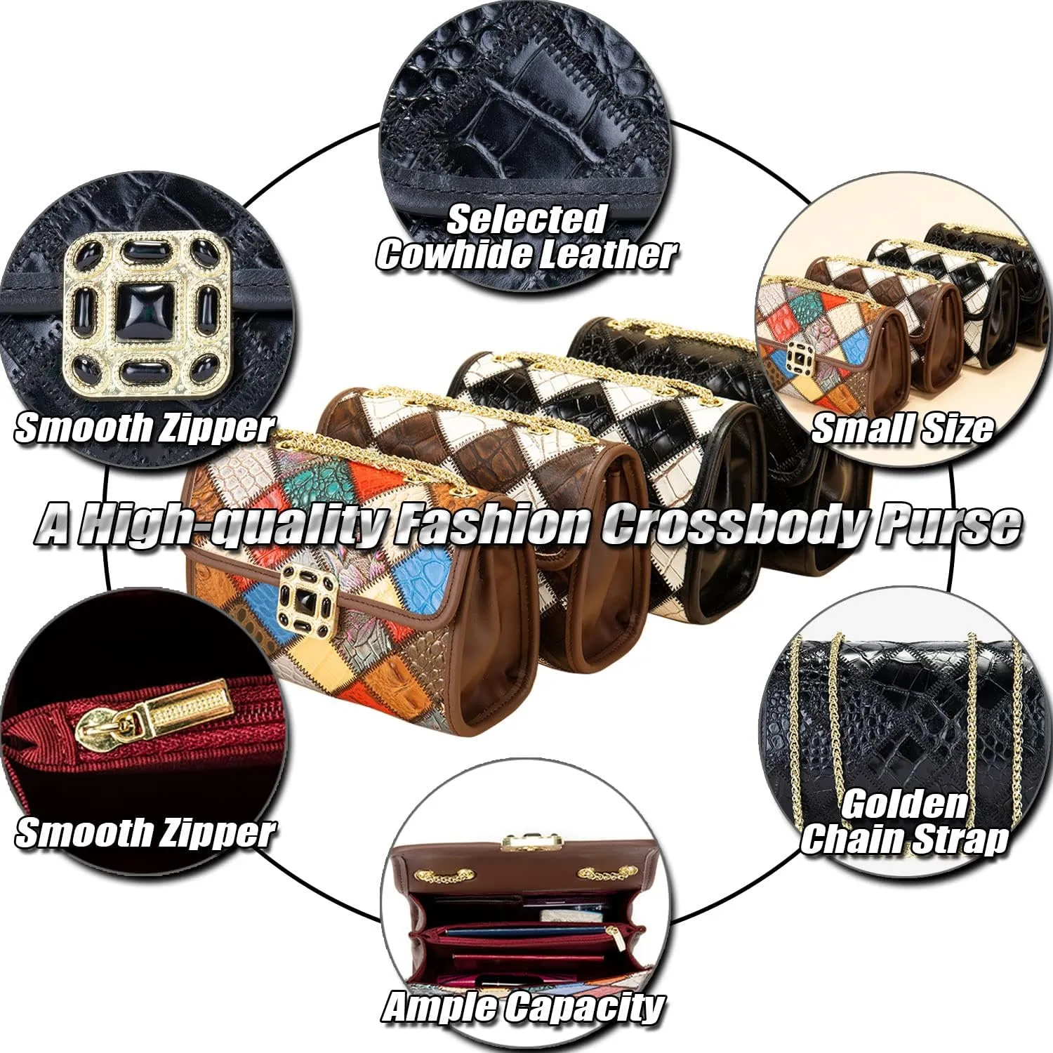 Mini Crossbody Bag for Women, Genuine Leather Shoulder Purse with Patchwork Design, Ladies Handbag with Chain Strap