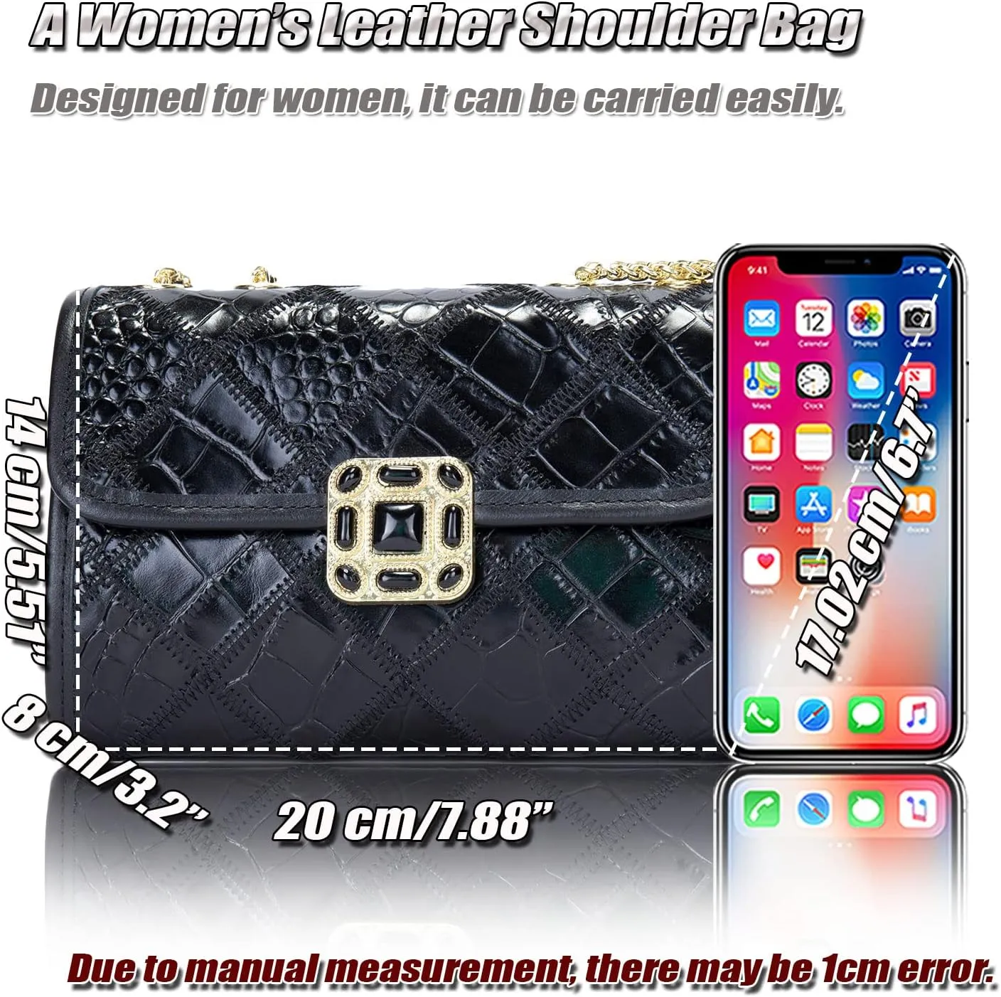 Mini Crossbody Bag for Women, Genuine Leather Shoulder Purse with Patchwork Design, Ladies Handbag with Chain Strap