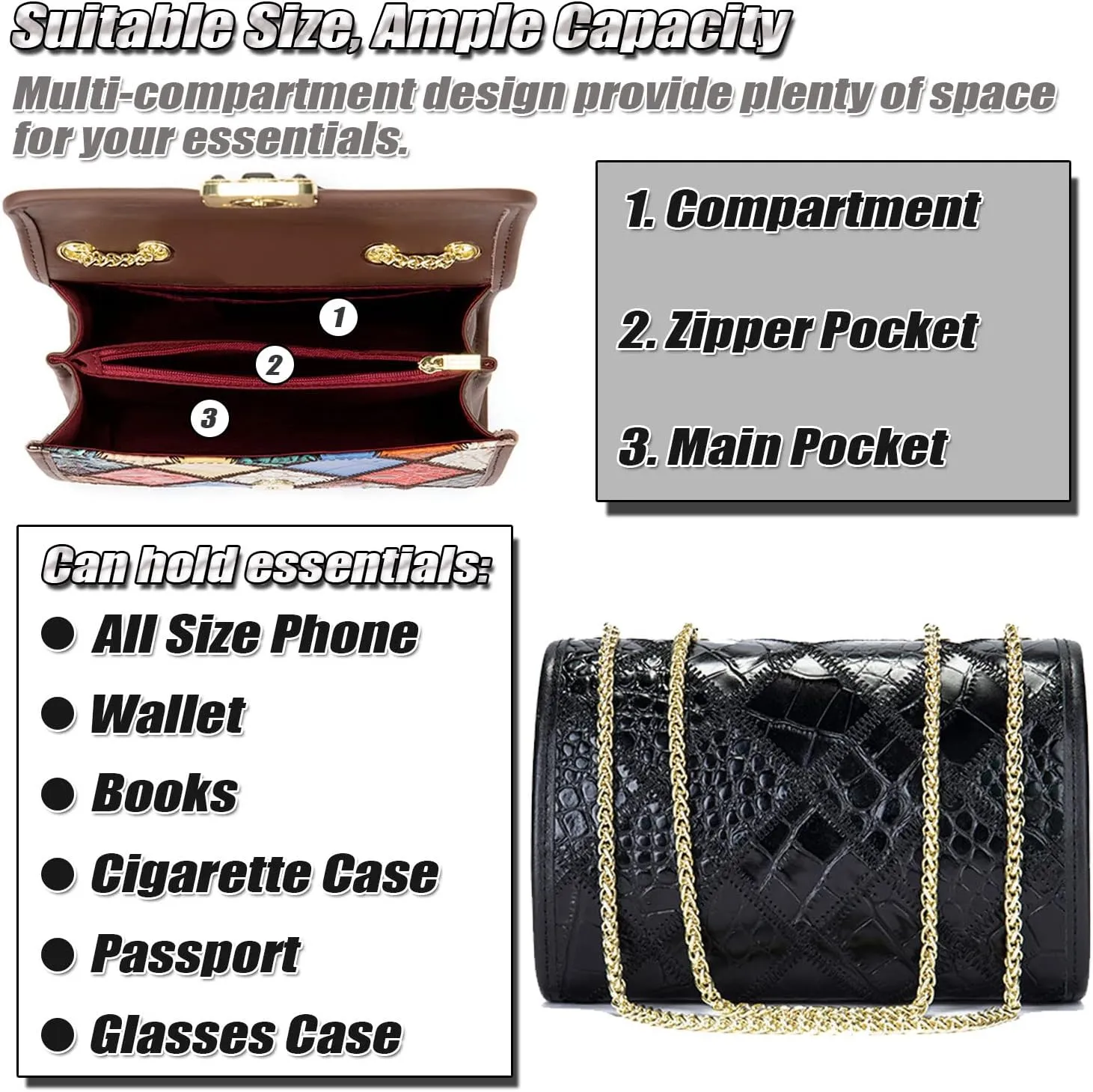 Mini Crossbody Bag for Women, Genuine Leather Shoulder Purse with Patchwork Design, Ladies Handbag with Chain Strap