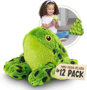 Mini Green Frog Plush Toys, 12 Pk Stuffed Animal Toy, Frog Plushie Figures for Party Favors, Goody Bags, Classroom Treasure