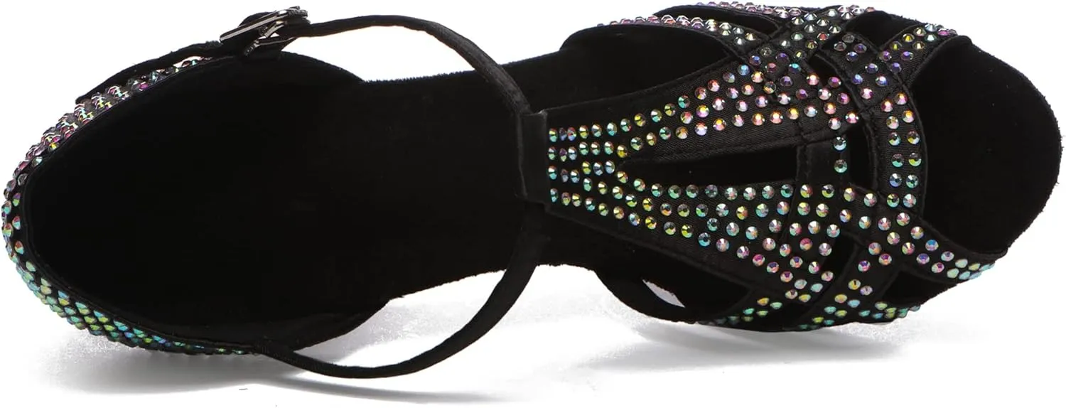 Minishion T-Strap Dance Shoes for Women Rhinestones Wedding Sandals