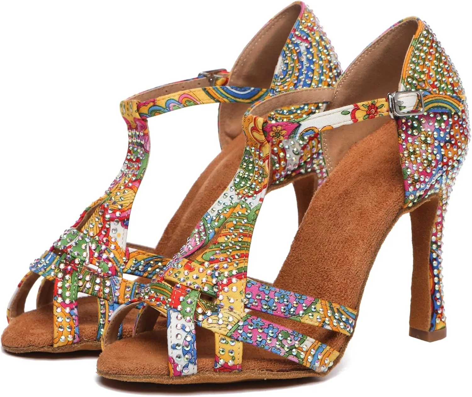 Minishion T-Strap Dance Shoes for Women Rhinestones Wedding Sandals