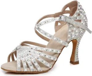 Minishion Women's Rhinestone Dance Shoes Ankle Strap Latin Salsa Dancing Heels