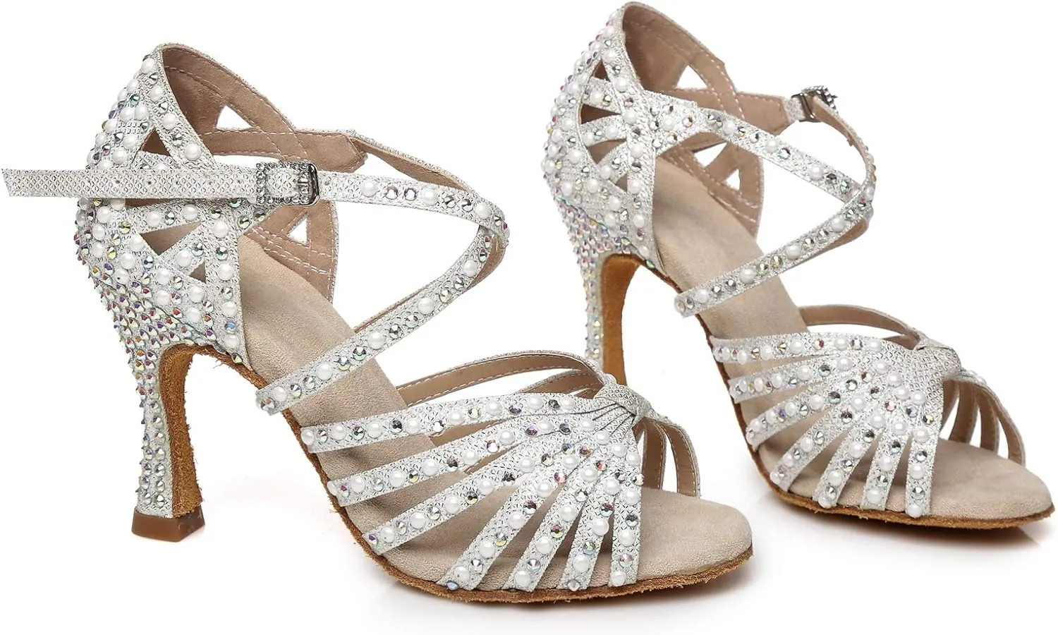 Minishion Women's Rhinestone Dance Shoes Ankle Strap Latin Salsa Dancing Heels