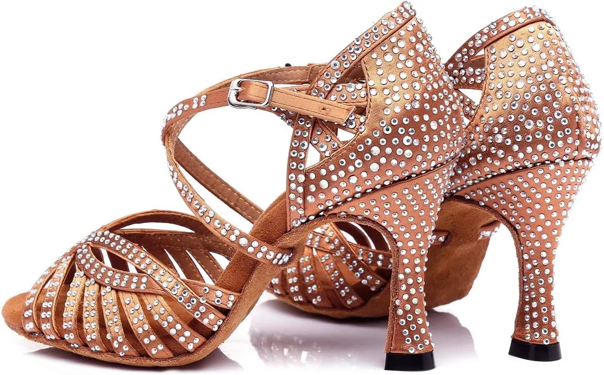 Minishion Women's Rhinestone Dance Shoes Ankle Strap Latin Salsa Dancing Heels