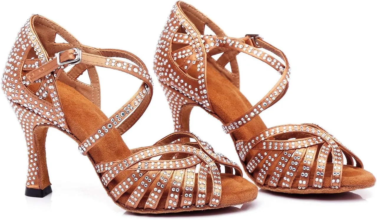 Minishion Women's Rhinestone Dance Shoes Ankle Strap Latin Salsa Dancing Heels