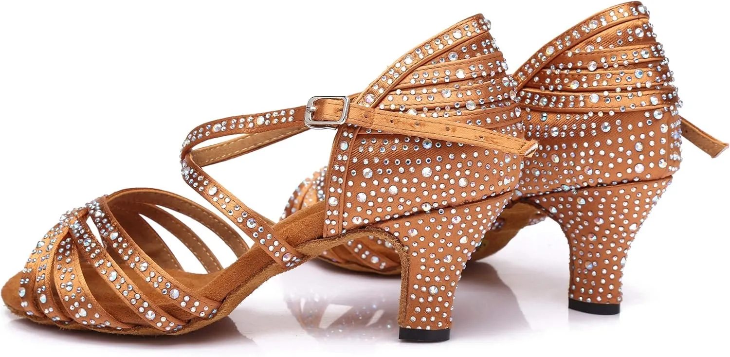 Minishion Women's Rhinestone Dance Shoes Ankle Strap Latin Salsa Dancing Heels