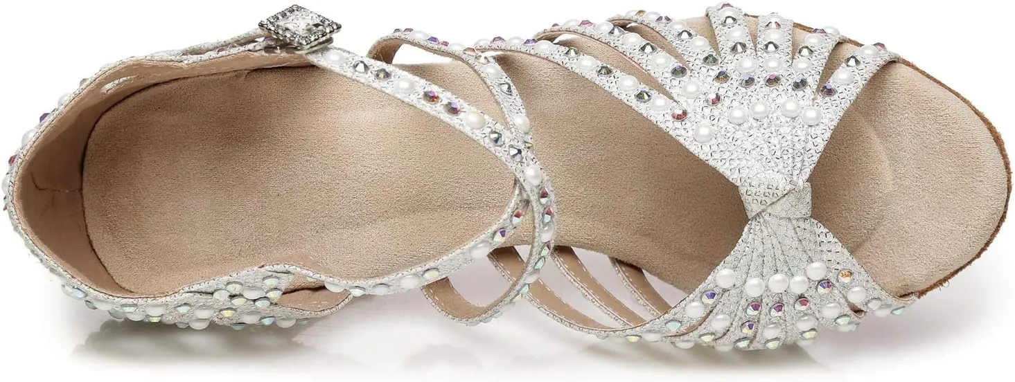 Minishion Women's Rhinestone Dance Shoes Ankle Strap Latin Salsa Dancing Heels