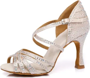 Minishion Women's Rhinestone Dance Shoes Ankle Strap Latin Salsa Dancing Heels