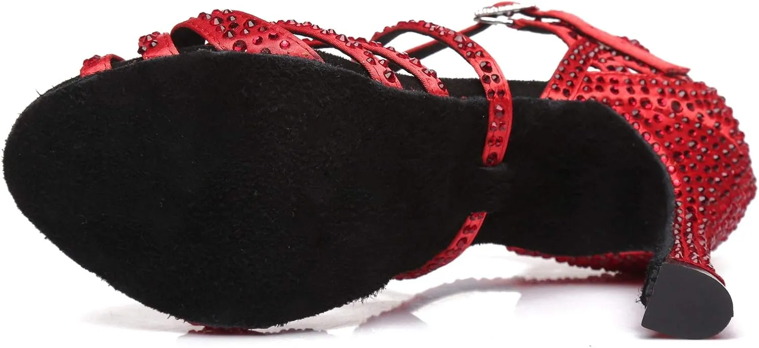 Minishion Women's Rhinestone Dance Shoes Ankle Strap Latin Salsa Dancing Heels
