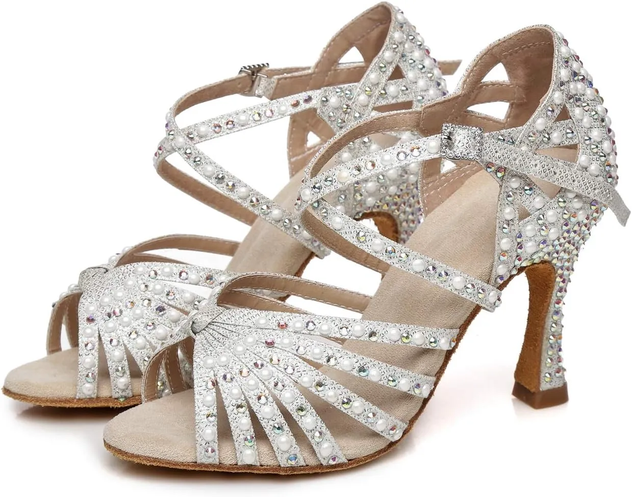 Minishion Women's Rhinestone Dance Shoes Ankle Strap Latin Salsa Dancing Heels