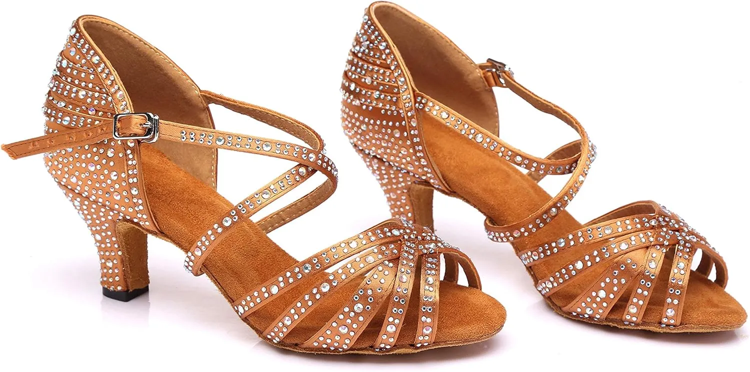 Minishion Women's Rhinestone Dance Shoes Ankle Strap Latin Salsa Dancing Heels