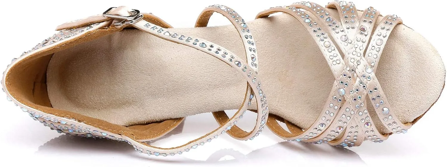Minishion Women's Rhinestone Dance Shoes Ankle Strap Latin Salsa Dancing Heels