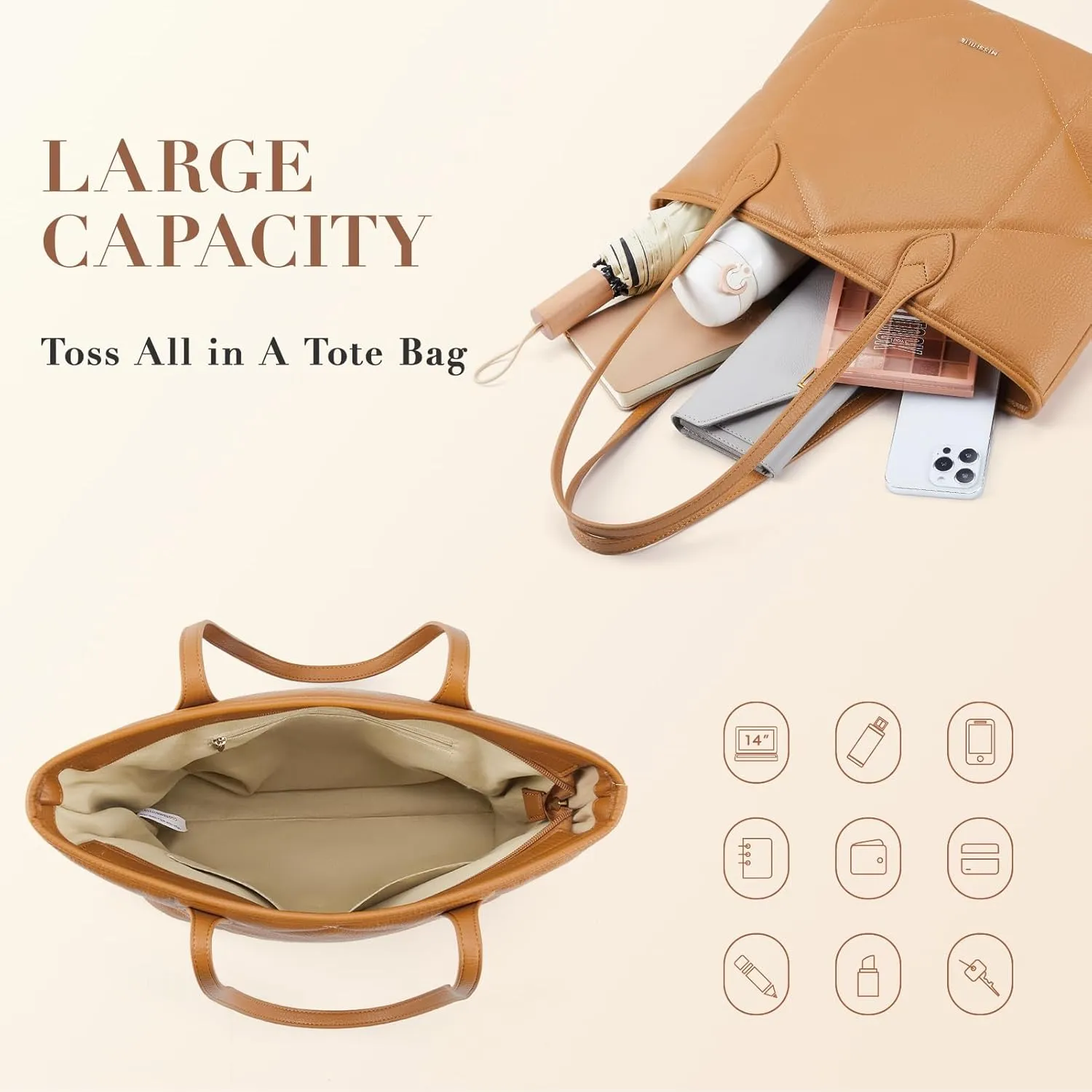Missnine Quilted Tote Bags with Zipper, Vegan Leather Purses and Handbags for Women, Large Hobo Shoulder Bag