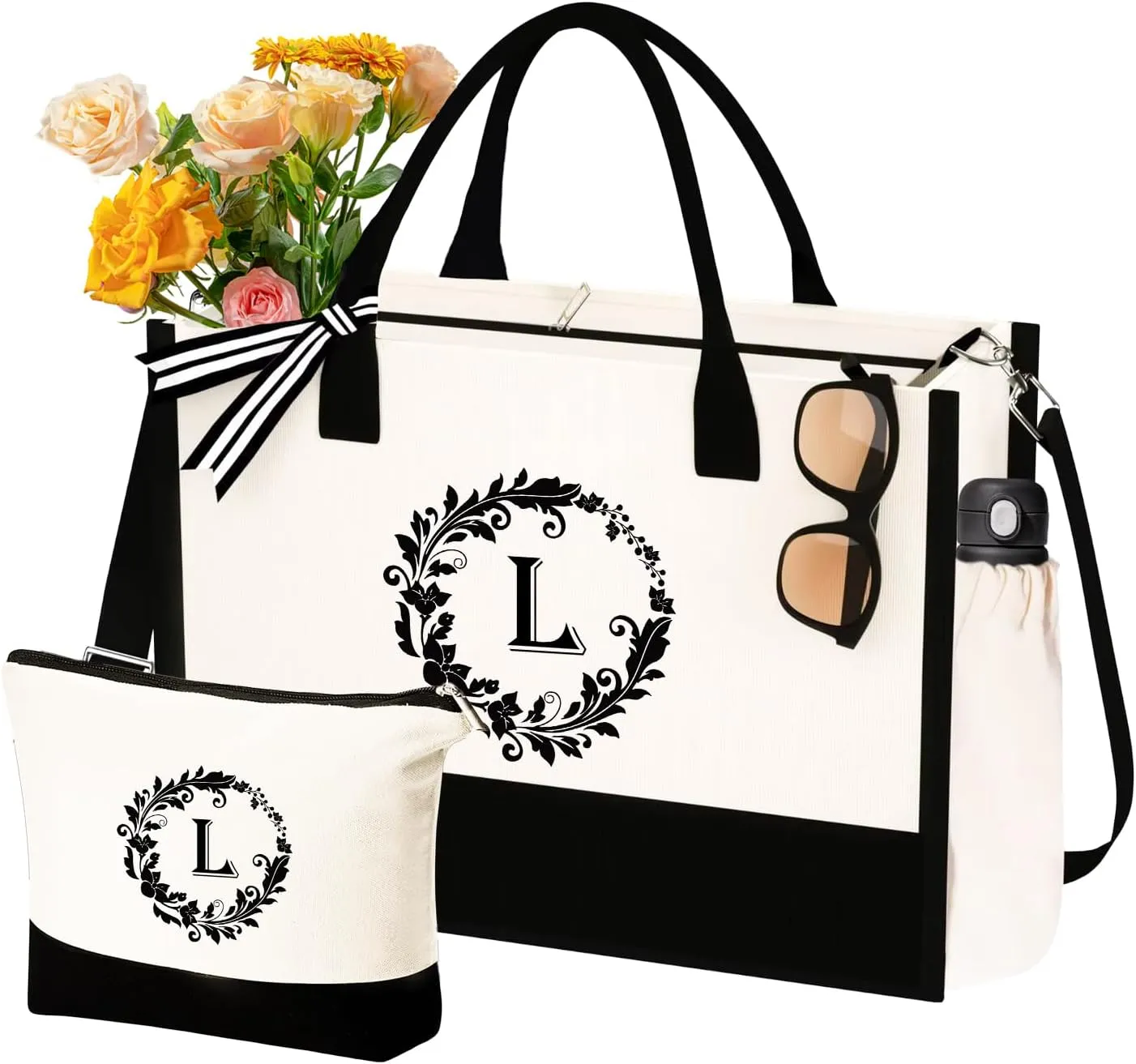 Mother's Day Gifts - Canvas Initial Tote Bags & Makeup with Adjustable Strap, Mothers Day Birthday Gifts for Mom