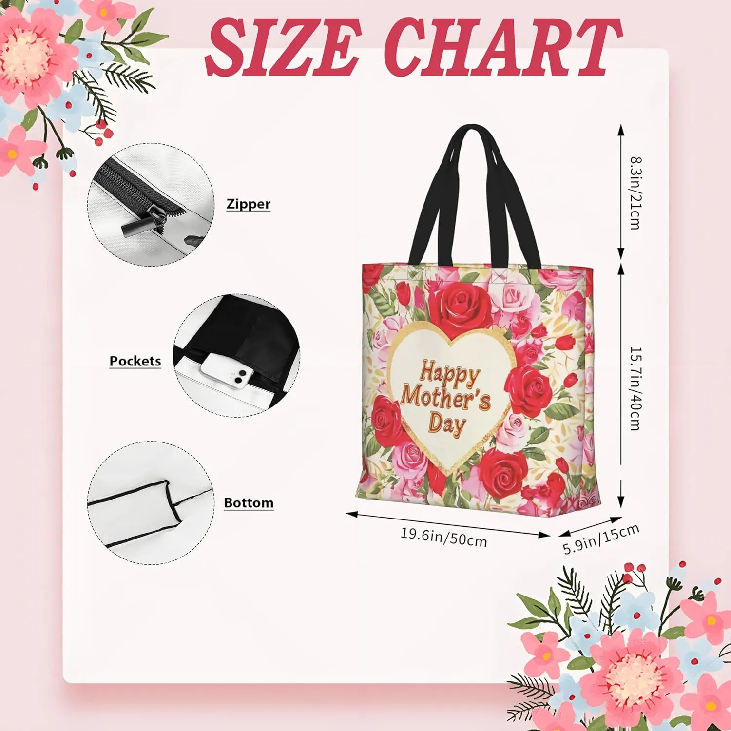 Mothers Day Tote Bag With Zipper Women Mom Bags Large Mama tote bag Reusable With Handles Mother Gifts