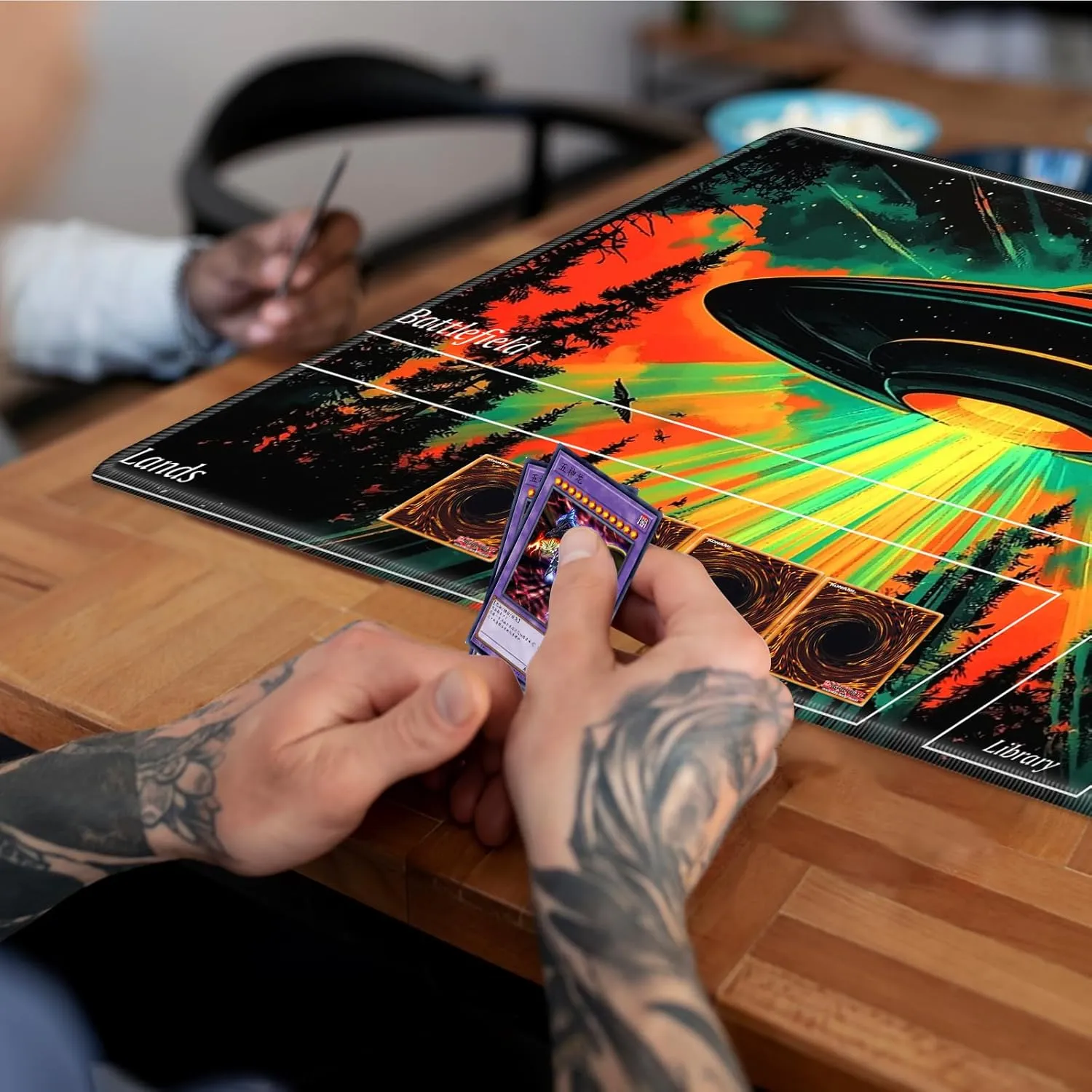 MTG Playmat 24x14 Inches – Magic The Gathering Playmat with Free Storage Bags, Non-Slip TCG Playmat with Rubber Bottom and Stitched Edges, Commander TCG Rollable Card Mat,A Colorful UFO