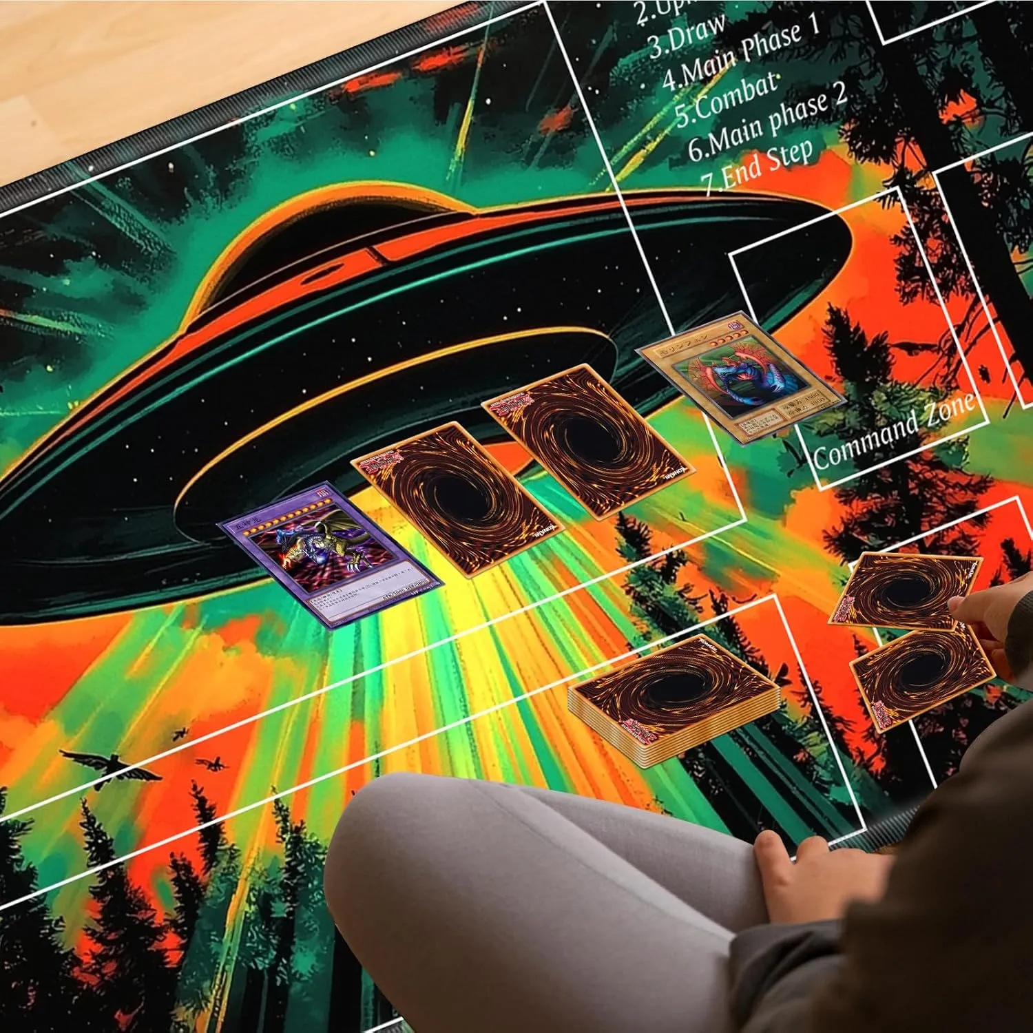 MTG Playmat 24x14 Inches – Magic The Gathering Playmat with Free Storage Bags, Non-Slip TCG Playmat with Rubber Bottom and Stitched Edges, Commander TCG Rollable Card Mat,A Colorful UFO