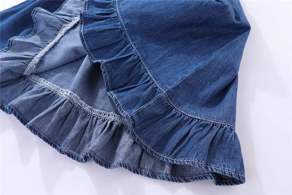 Mud Kingdom Little Girl Denim Sundress Cute Embroidered Patterns Jumper Sleeveless Casual Dress
