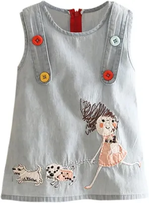 Mud Kingdom Little Girl Denim Sundress Cute Embroidered Patterns Jumper Sleeveless Casual Dress