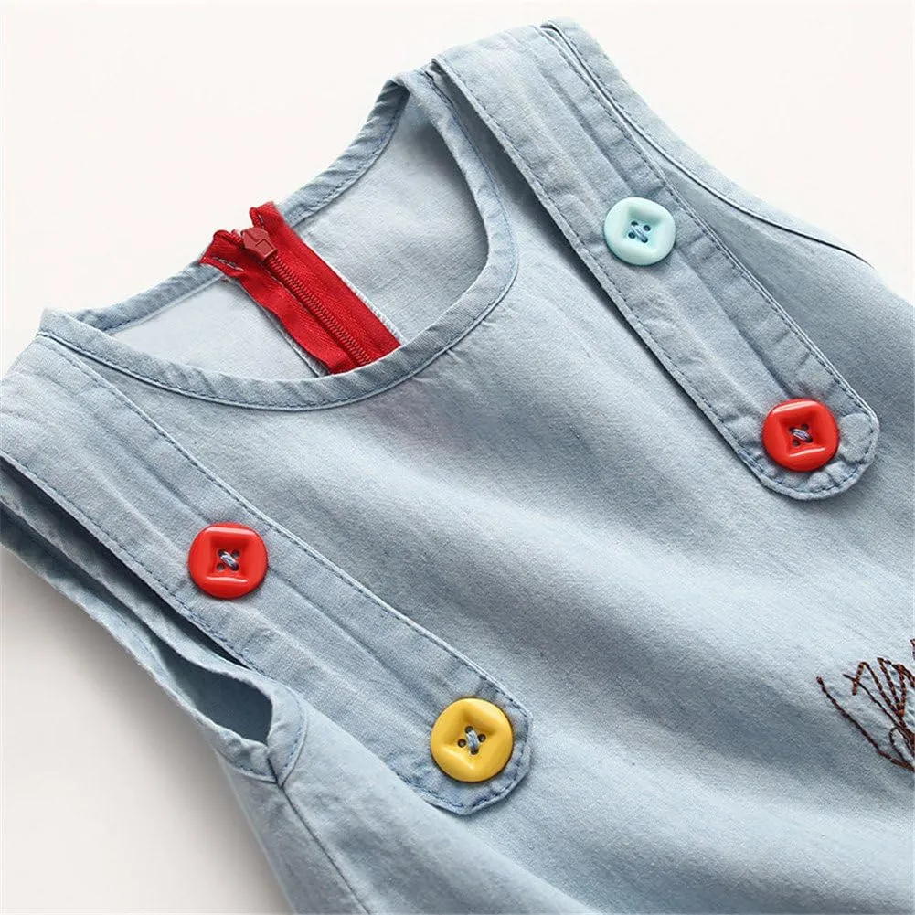 Mud Kingdom Little Girl Denim Sundress Cute Embroidered Patterns Jumper Sleeveless Casual Dress