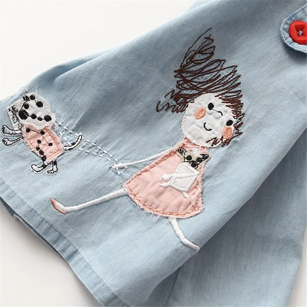 Mud Kingdom Little Girl Denim Sundress Cute Embroidered Patterns Jumper Sleeveless Casual Dress