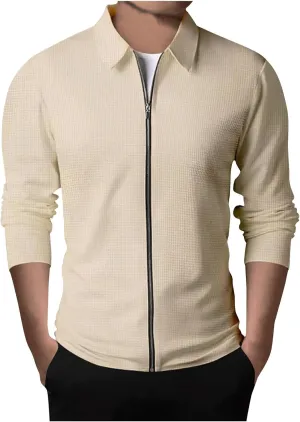 Muscularfit Mens Fall Jackets Long Sleeve Casual Waffle Coat Classic Full Zip Relaxed Fit Collared Jacket Outdoor Trendy Coat