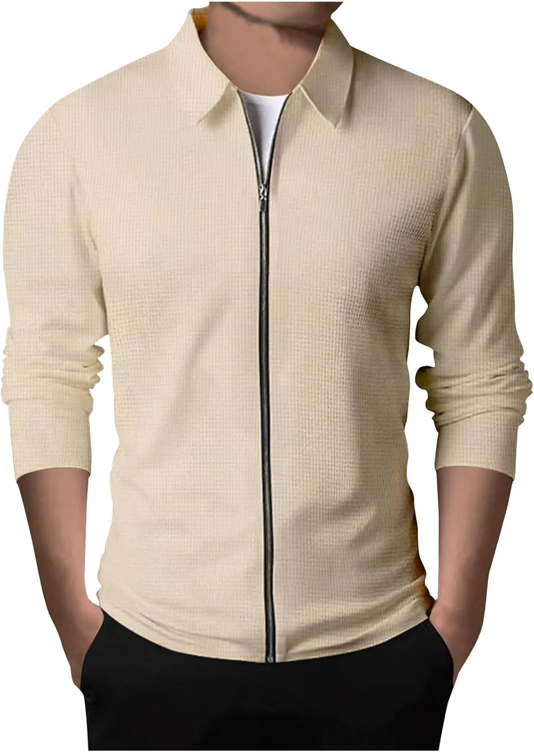 Muscularfit Mens Fall Jackets Long Sleeve Casual Waffle Coat Classic Full Zip Relaxed Fit Collared Jacket Outdoor Trendy Coat