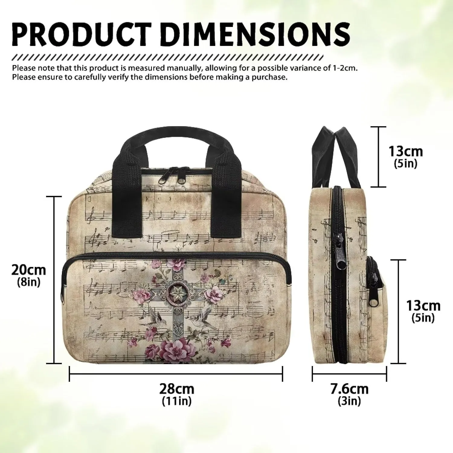 Musical Notation Flower Cross Pattern Tote Bible Bag for Men Women Large Capacity Church Bag with Front Pockets and Multi Inner Pockets for Worship or Bible Study