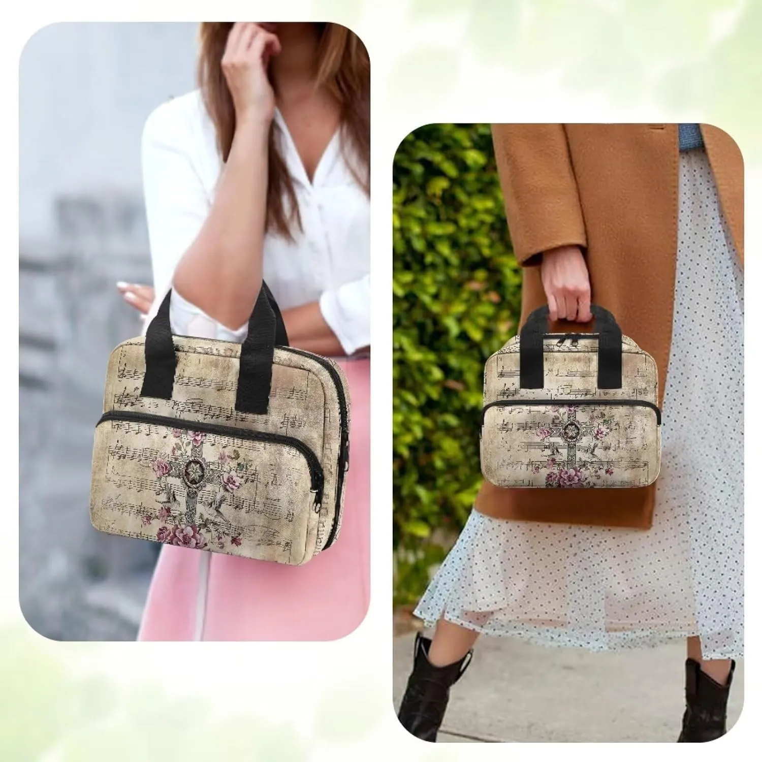 Musical Notation Flower Cross Pattern Tote Bible Bag for Men Women Large Capacity Church Bag with Front Pockets and Multi Inner Pockets for Worship or Bible Study