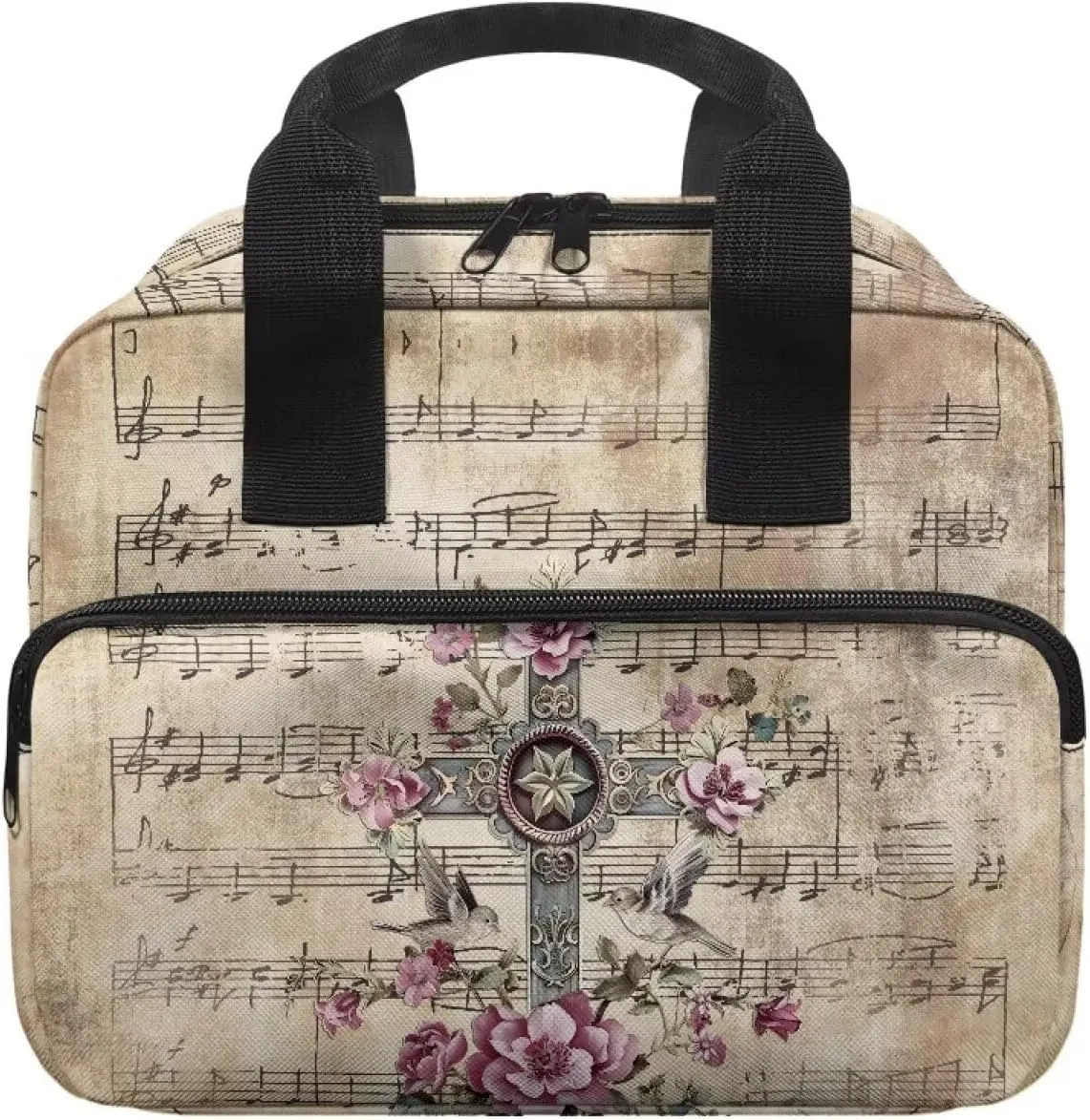 Musical Notation Flower Cross Pattern Tote Bible Bag for Men Women Large Capacity Church Bag with Front Pockets and Multi Inner Pockets for Worship or Bible Study