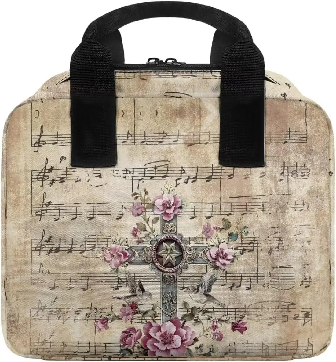 Musical Notation Flower Cross Pattern Tote Bible Bag for Men Women Large Capacity Church Bag with Front Pockets and Multi Inner Pockets for Worship or Bible Study