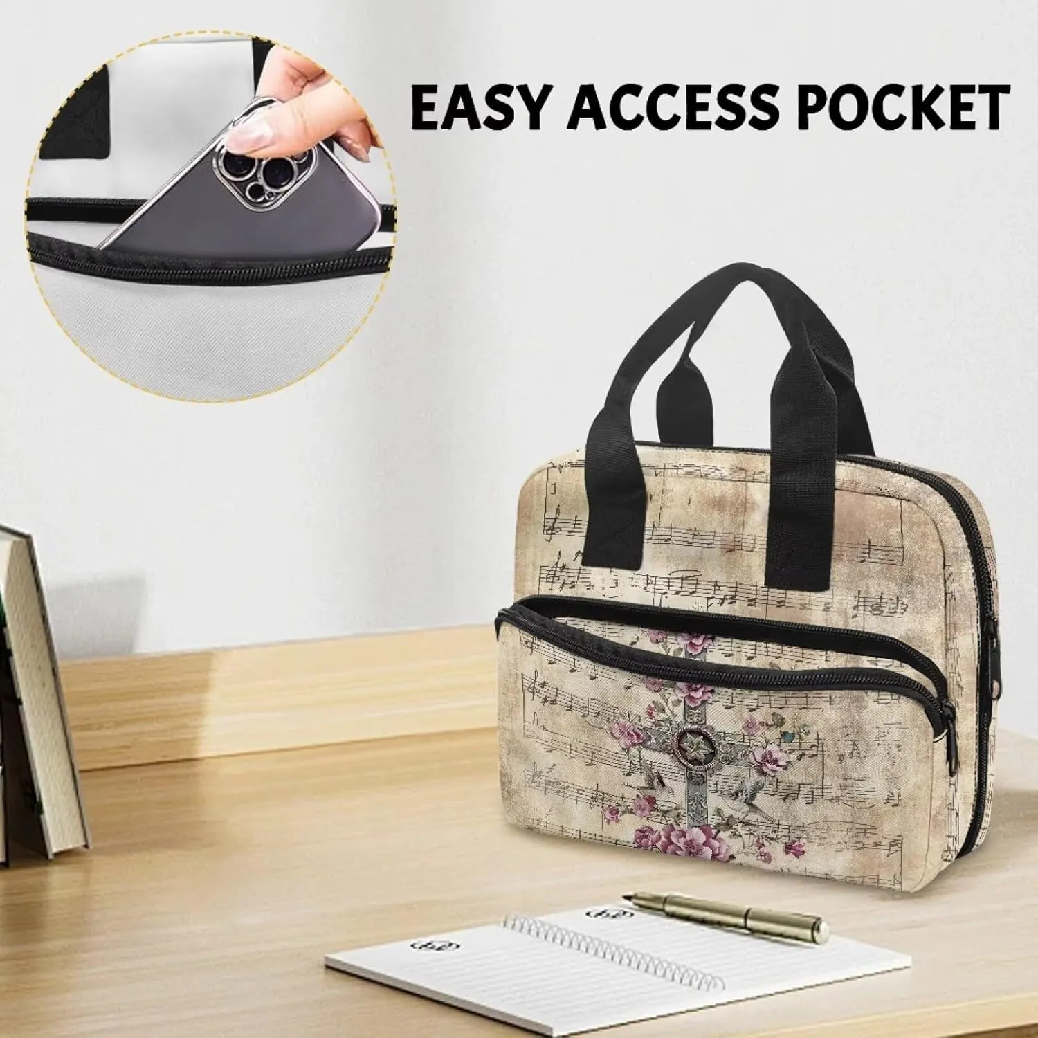Musical Notation Flower Cross Pattern Tote Bible Bag for Men Women Large Capacity Church Bag with Front Pockets and Multi Inner Pockets for Worship or Bible Study