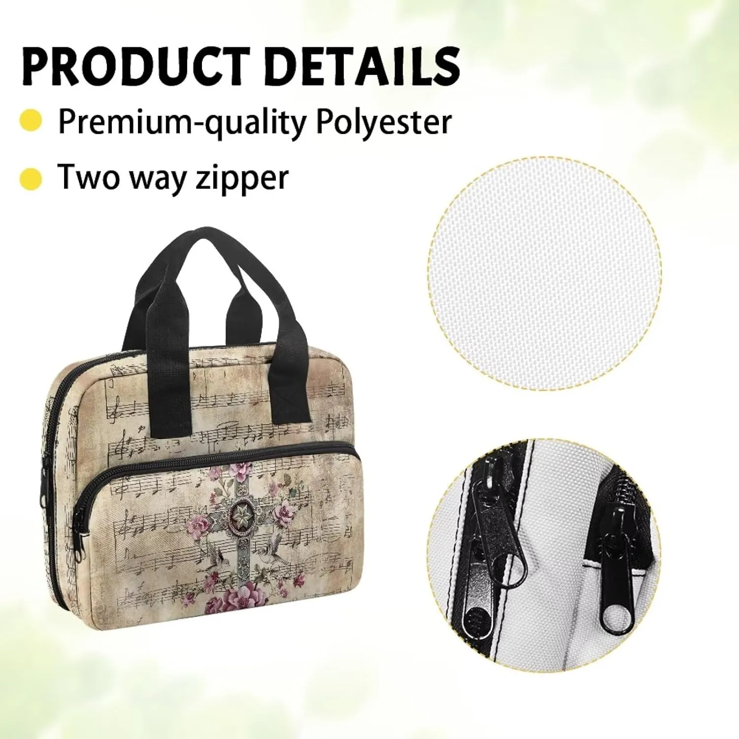 Musical Notation Flower Cross Pattern Tote Bible Bag for Men Women Large Capacity Church Bag with Front Pockets and Multi Inner Pockets for Worship or Bible Study