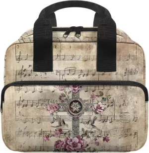 Musical Notation Flower Cross Pattern Tote Bible Bag for Men Women Large Capacity Church Bag with Front Pockets and Multi Inner Pockets for Worship or Bible Study