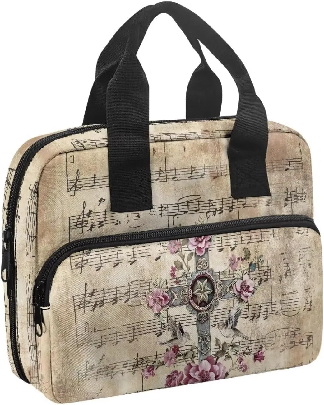 Musical Notation Flower Cross Pattern Tote Bible Bag for Men Women Large Capacity Church Bag with Front Pockets and Multi Inner Pockets for Worship or Bible Study