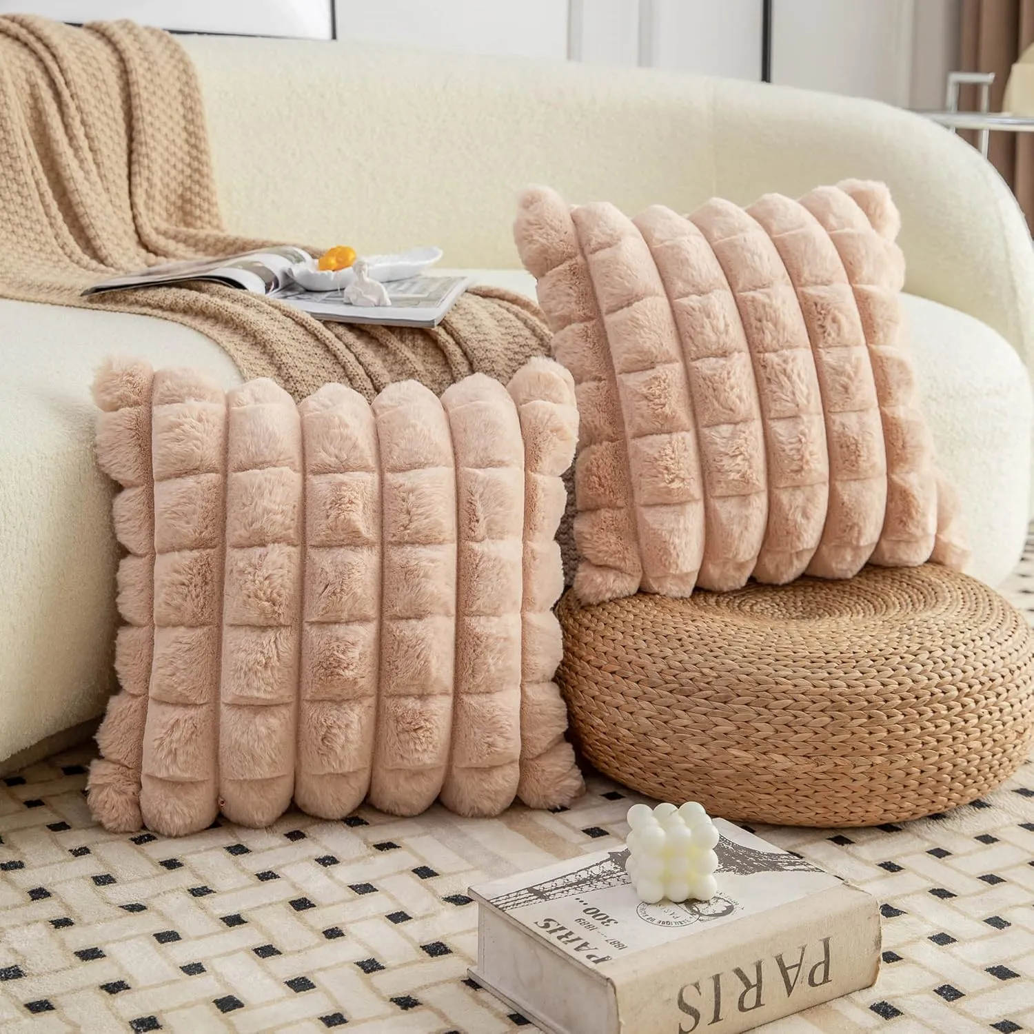 Neelvin Camel Faux Fur Cozy Soft Plaid Decorative Throw Pillow Covers 18x18 inch Set of 2,Velvet Pillowcase Cushion Case for Sofa Couch