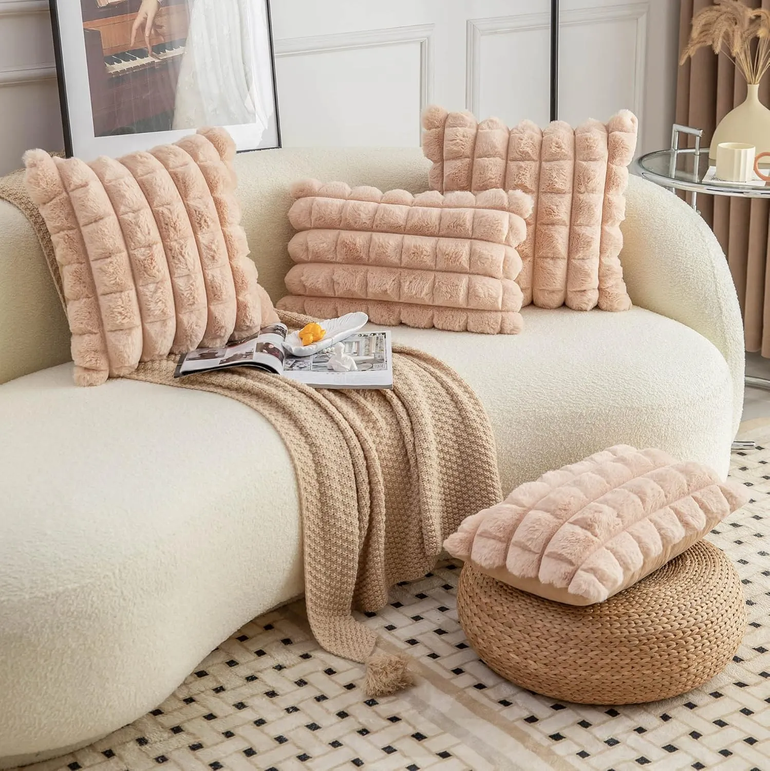 Neelvin Camel Faux Fur Cozy Soft Plaid Decorative Throw Pillow Covers 18x18 inch Set of 2,Velvet Pillowcase Cushion Case for Sofa Couch