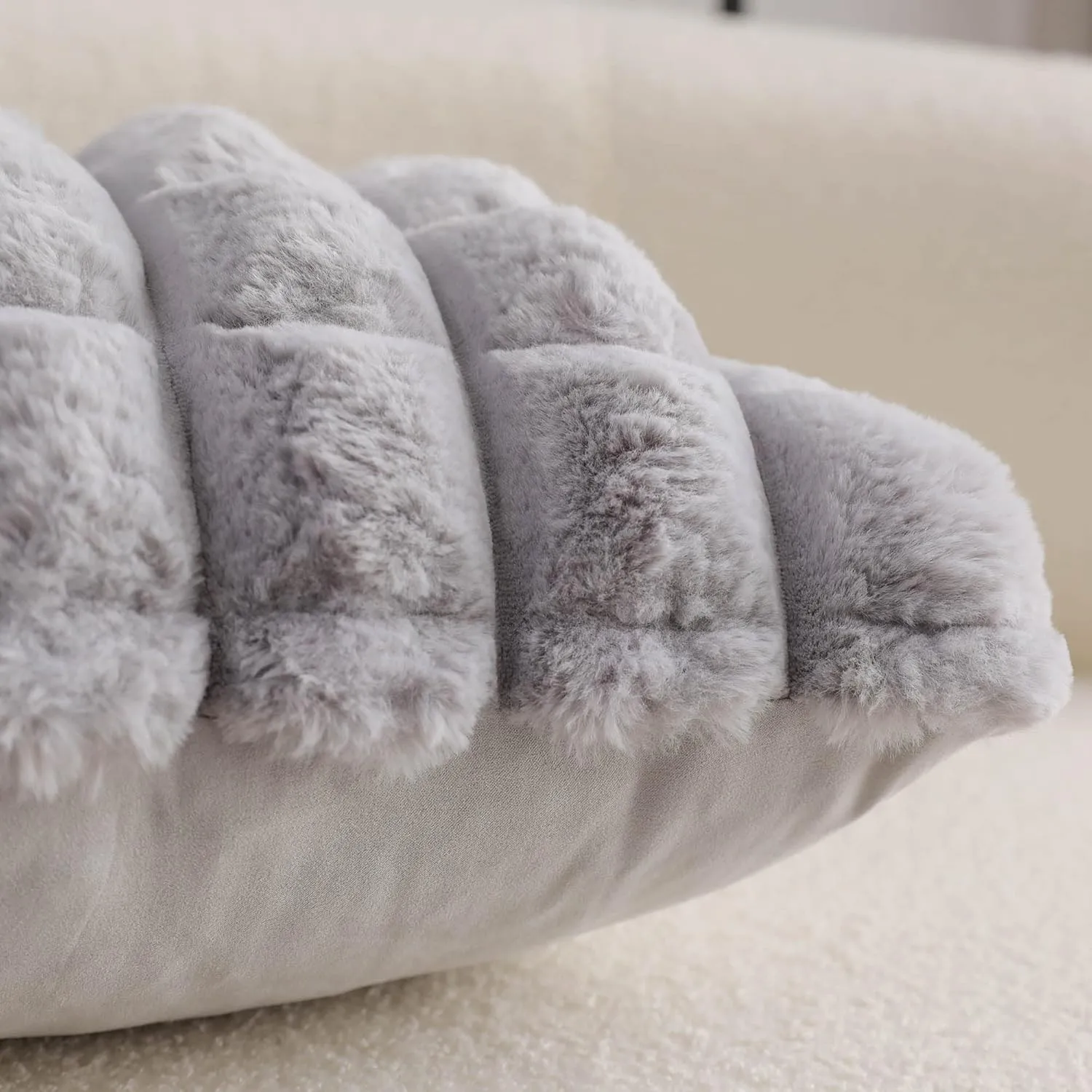 Neelvin Grey Faux Fur Cozy Soft Plaid Decorative Throw Pillow Covers 16x16 inch Set of 2,Velvet Pillowcase Cushion Case for Sofa Couch