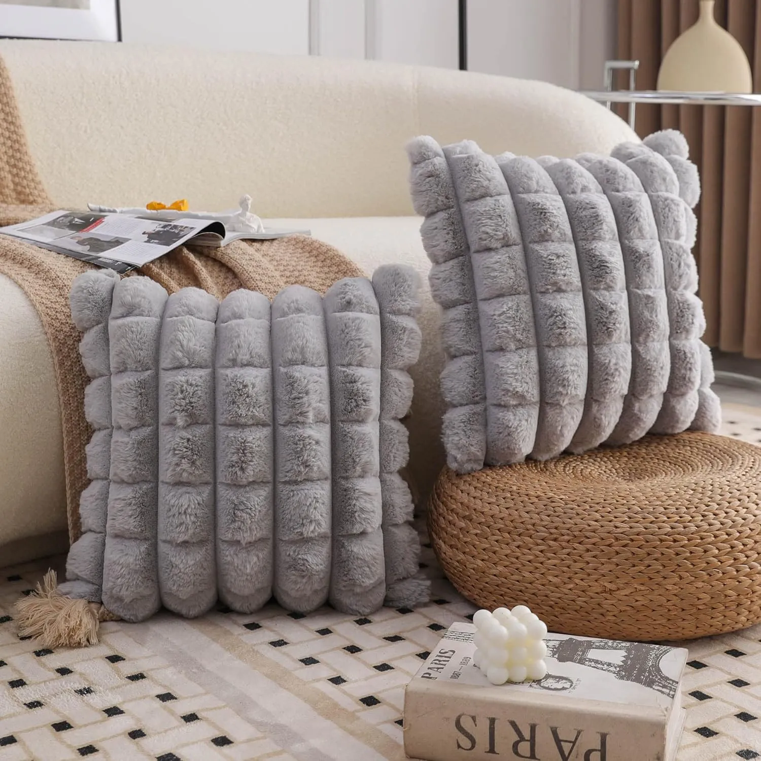 Neelvin Grey Faux Fur Cozy Soft Plaid Decorative Throw Pillow Covers 16x16 inch Set of 2,Velvet Pillowcase Cushion Case for Sofa Couch