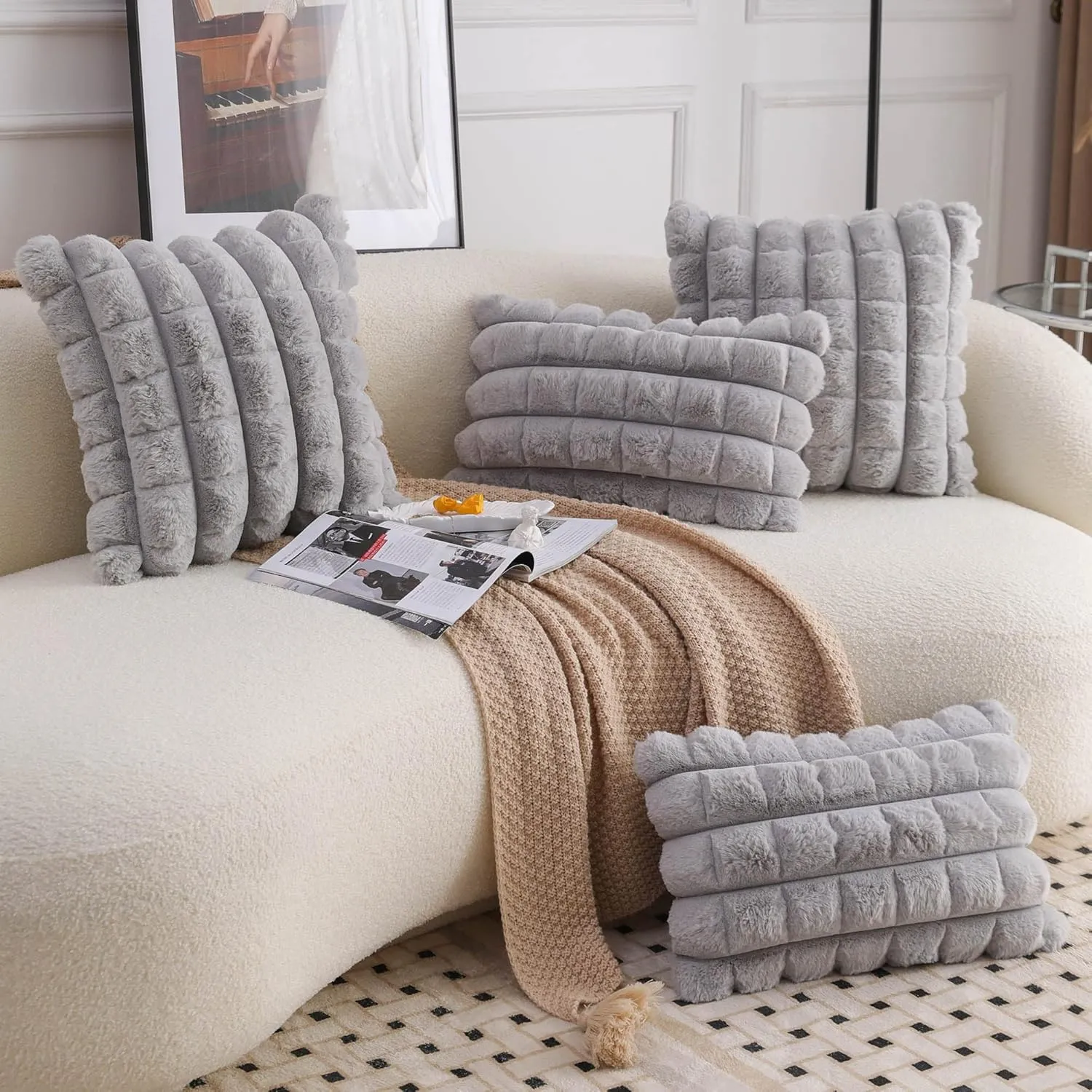 Neelvin Grey Faux Fur Cozy Soft Plaid Decorative Throw Pillow Covers 16x16 inch Set of 2,Velvet Pillowcase Cushion Case for Sofa Couch