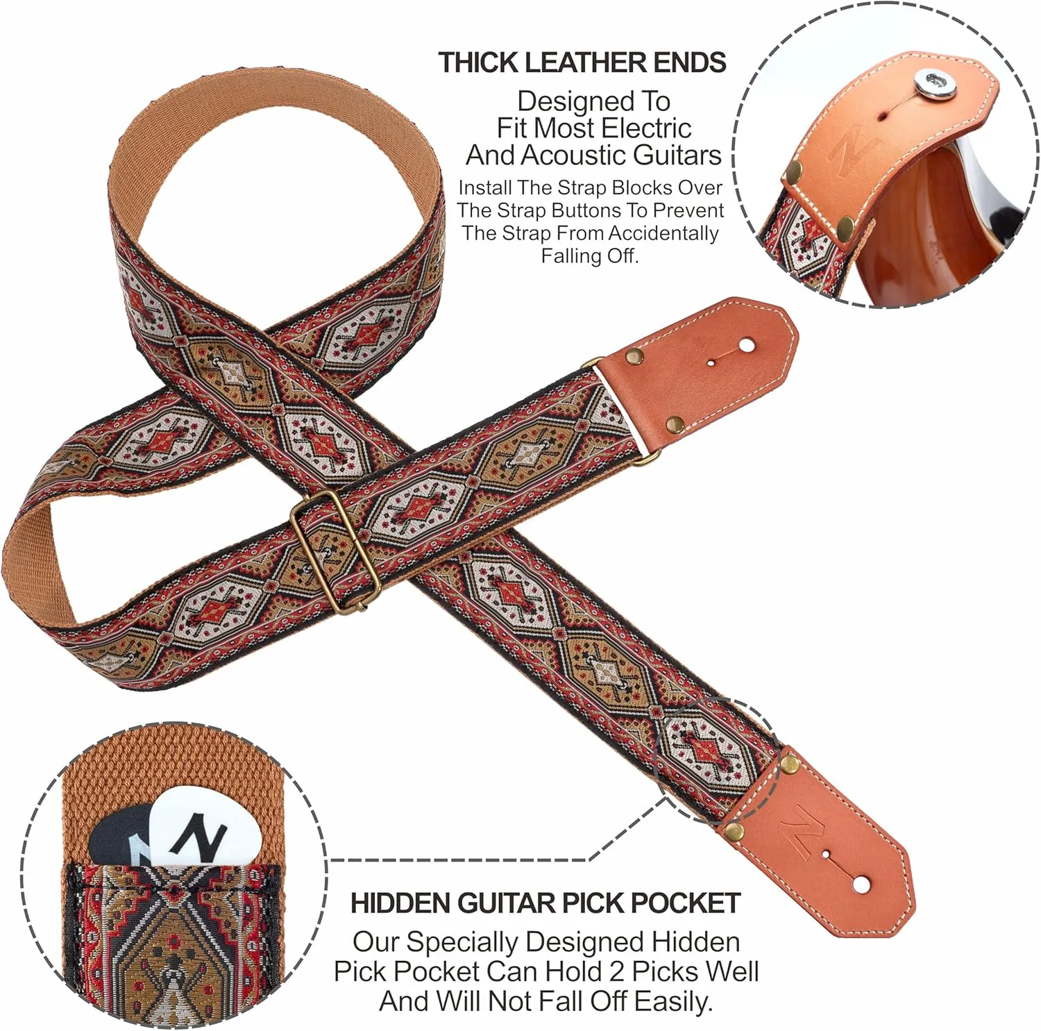Nefelibata Guitar Strap Cotton with Thicked First Layer Vegetable Tanned Cowhide Leather Ends for Acoustic, Bass, Electric Guitar, Gift for Your Love Guitarists