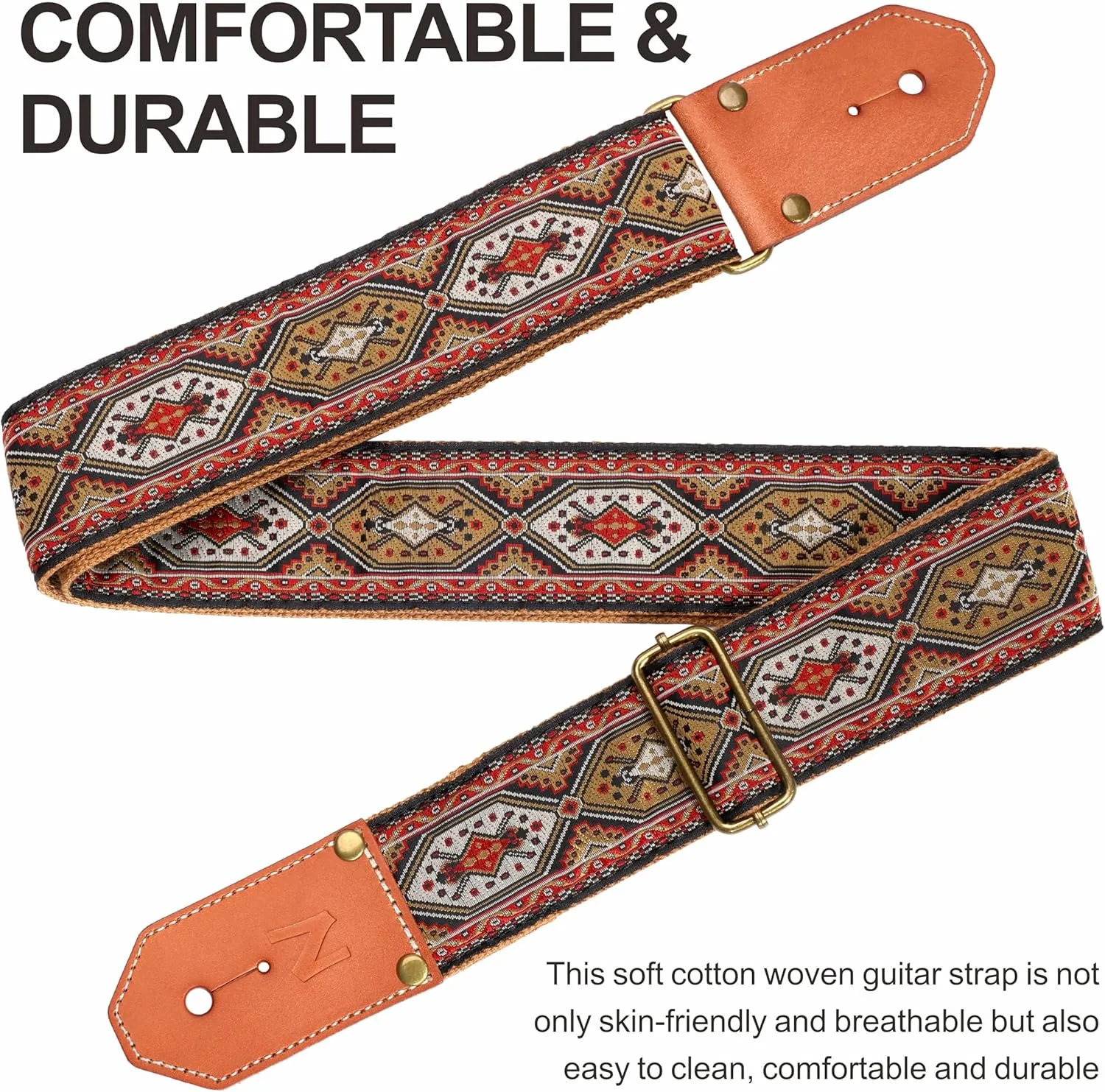 Nefelibata Guitar Strap Cotton with Thicked First Layer Vegetable Tanned Cowhide Leather Ends for Acoustic, Bass, Electric Guitar, Gift for Your Love Guitarists