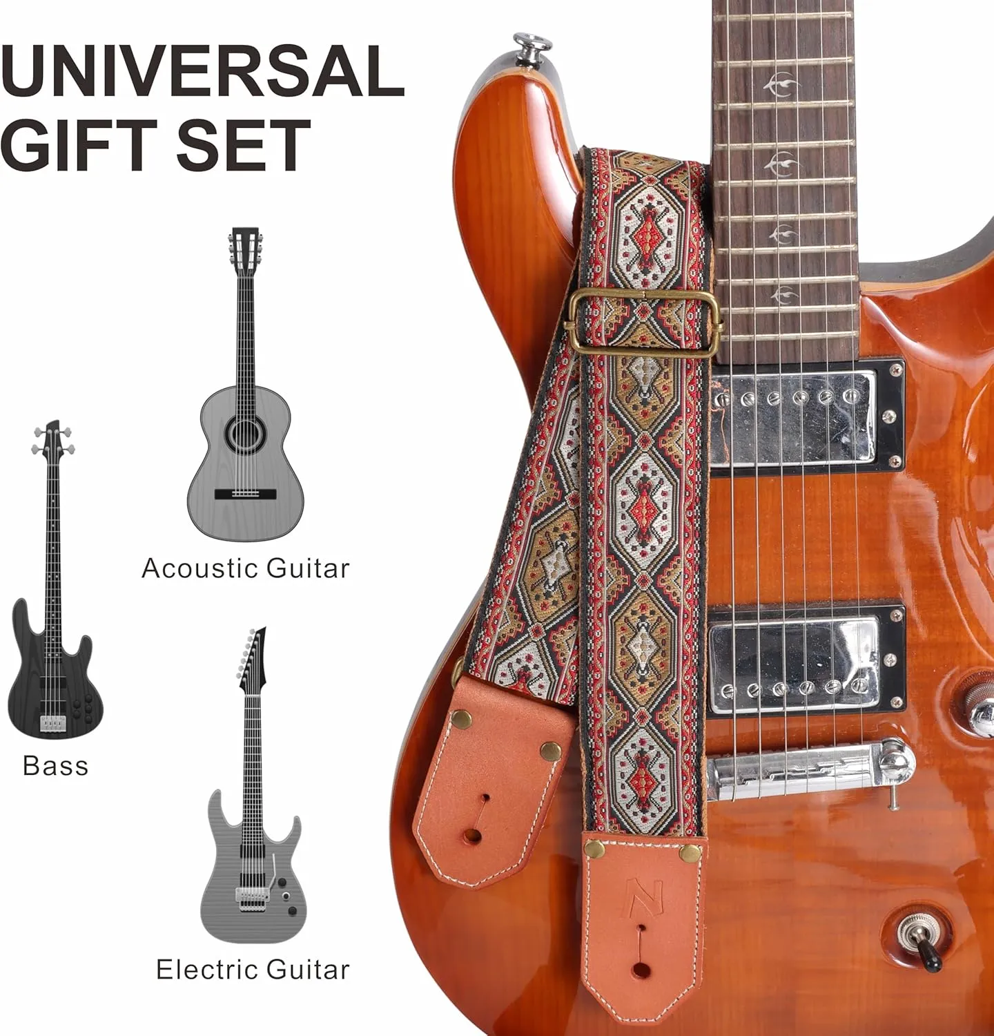 Nefelibata Guitar Strap Cotton with Thicked First Layer Vegetable Tanned Cowhide Leather Ends for Acoustic, Bass, Electric Guitar, Gift for Your Love Guitarists